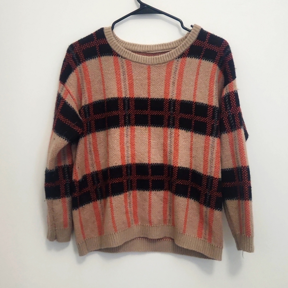 Tan, pink, gray and black sweater